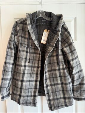 Prana Men’s Gray & Black Plaid Hooded Shirt Jacket